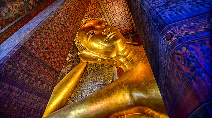 A view from below of the recling Buddha at Wat Pho