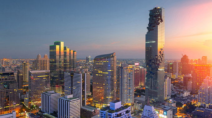 Aerial view of the Bangkok skyline at sunset