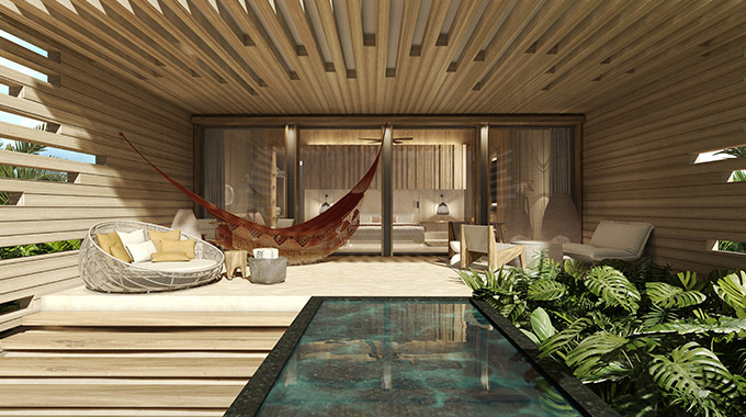Banyan Tree Mayakoba’s new Beachfront Sunrise Pool Suites use eco-friendly local materials such as chukum (limestone-based stucco) and Mexican artisanry to elevate the outdoor/indoor vibes of the plunge pool terraces. | Photo courtesy Banyan Tree Mayakoba