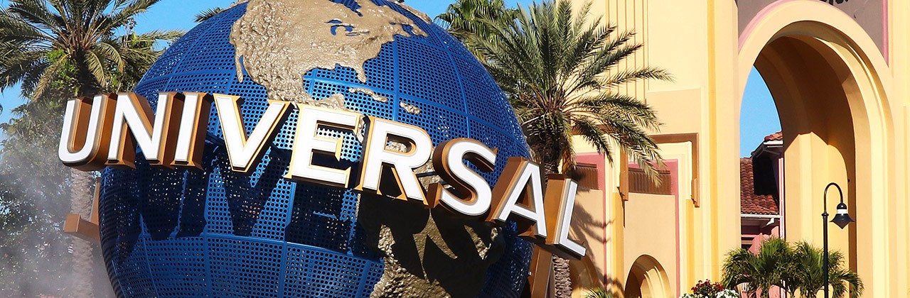 Universal Studios globe fountain outside the entrance to Universal Studios Florida at Universal Orlando Resort
