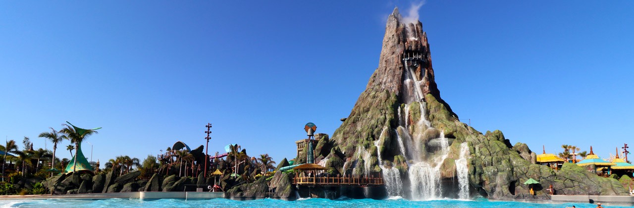 Waterfall volcano and wave pool at Universal Orlando Resort Volcano Bay water park