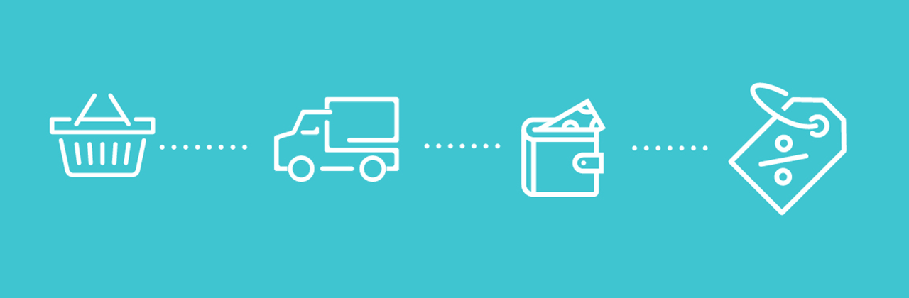 Illustration showing shopping basket, delivery truck, wallet, and price tag