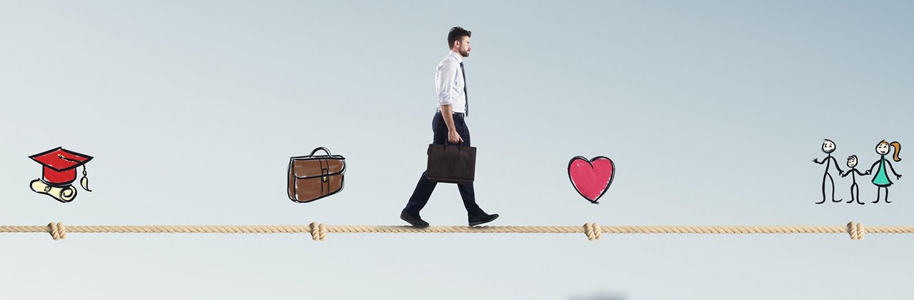 Man holding a briefcase walking a tightrope with illustrations of a graduation cap and degree, briefcase, heart, and family