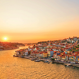 Sunset over the Porto city center and the Douro river, Portugal.