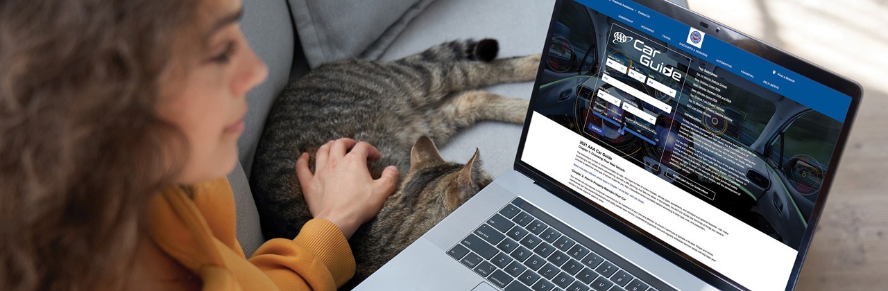 Young hispanic latin teen girl student relax sit on sofa with cat holding laptop looking at mock up white computer screen online learning on pc, elearning, watching movie. Over shoulder closeup view