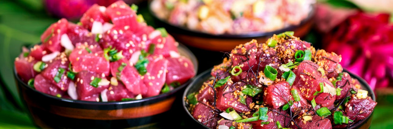 Bowls with various types of poke from Foodland Super Market