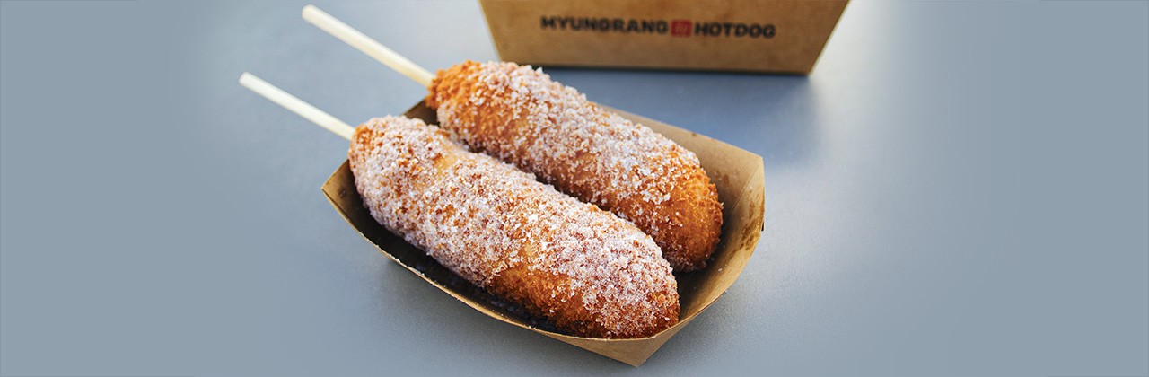 Original and rice cake hot dogs at Myungrang Hot Dog