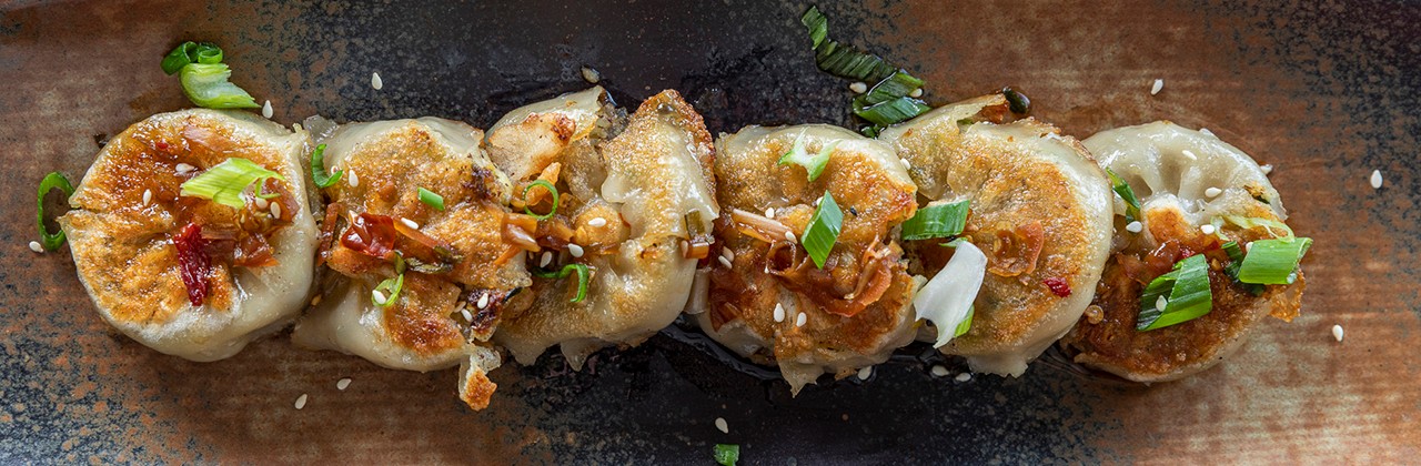 Veggie dumplings arranged in a line and topped with green onions