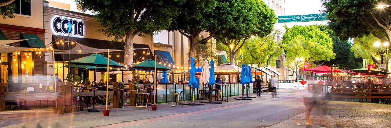 Outdoor dining at Greenleaf Promenade in Uptown Whittier.