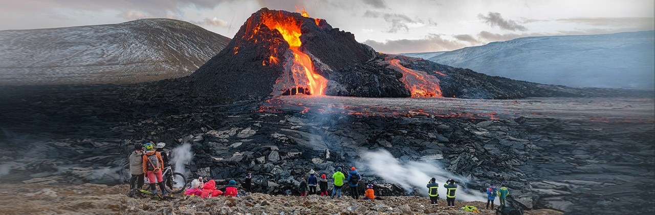 A volcanic eruption Geldingadalur valley in the Fagradals mountain. The eruption began late the 19th of March. This image is taken 20th of March.