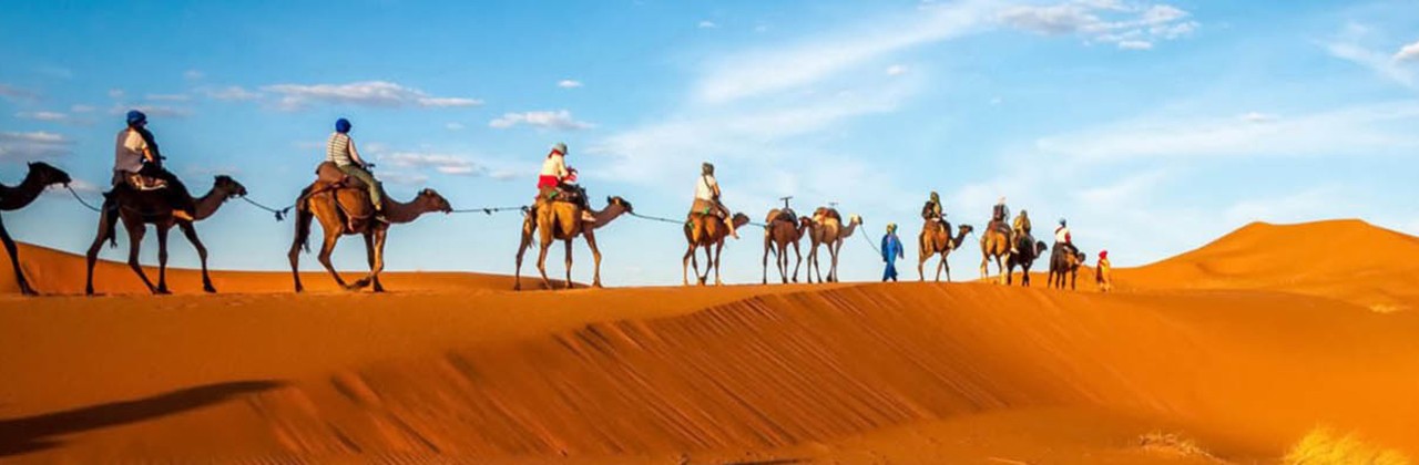 A tour group travels through the dunes of Morocco