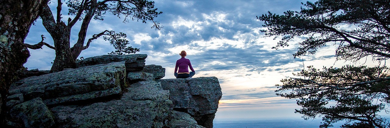 ID: Retreat
Caption: Author Jessica Fender practices meditation during a four-day mindfulness retreat in Alabama’s Cheaha State Park.
