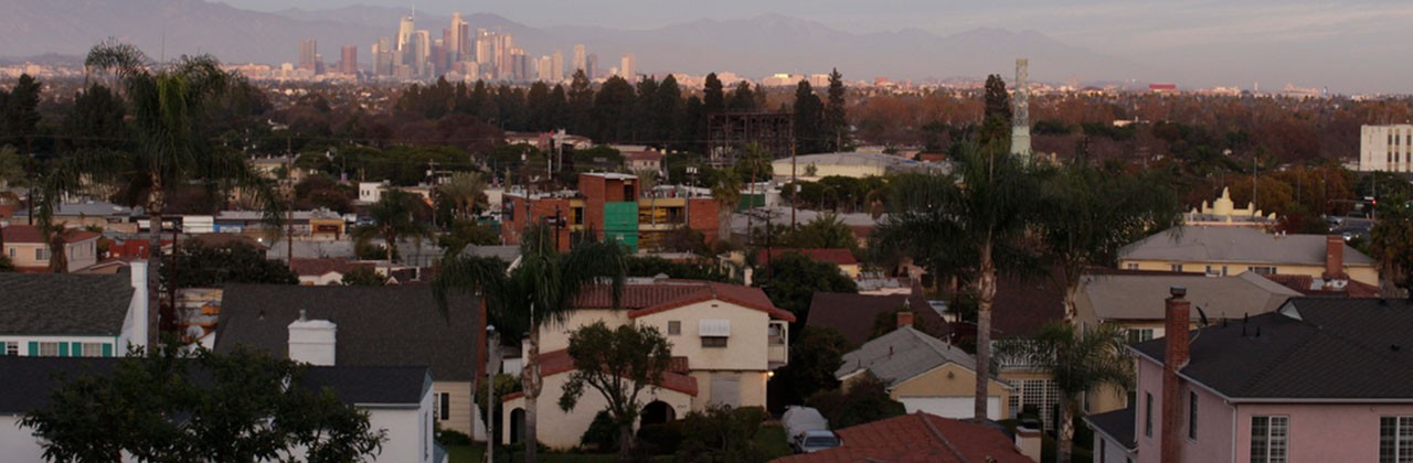 Overview of Leimert Park Village with downtown Los Angeles in the distance.