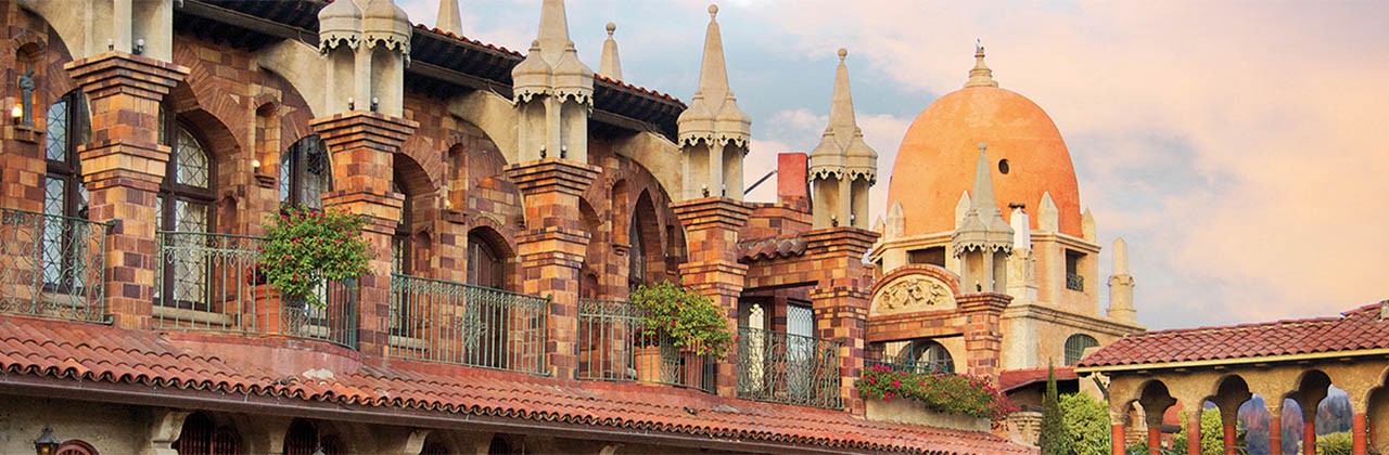 The exterior of the Mission Inn in Riverside, CA