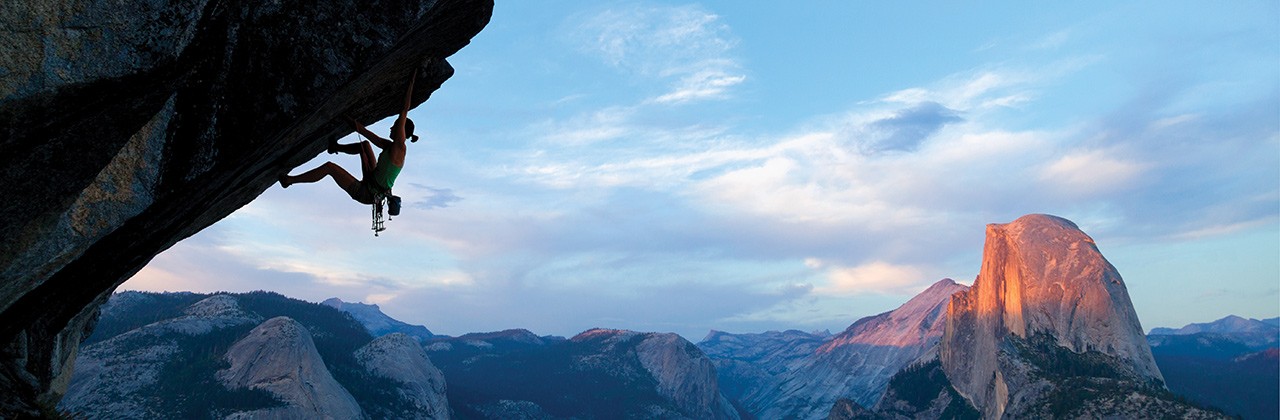 Miranda Oakley ascends the Heaven climbing route, with Half Dome looming in the background