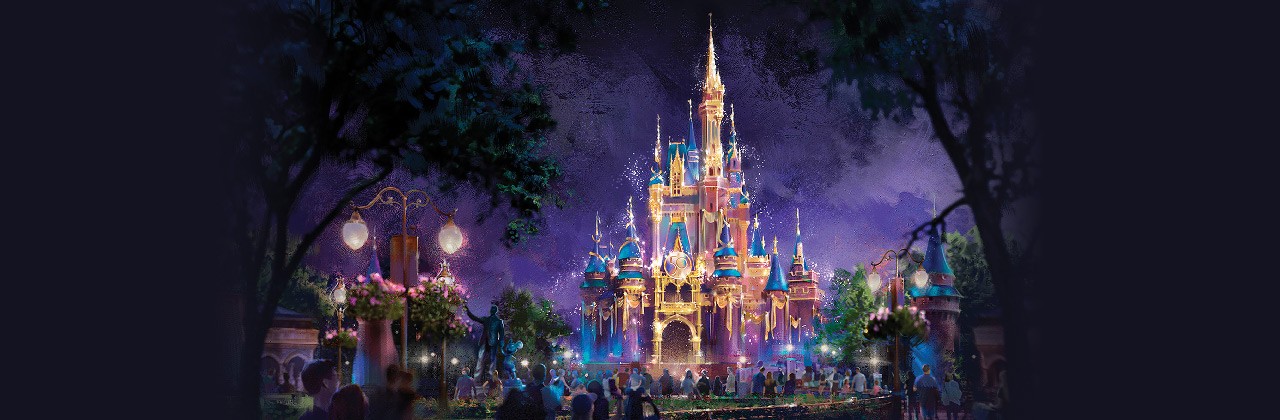 In this artist rendering, Cinderella Castle becomes a Beacon of Magic in Magic Kingdom Park at Walt Disney World Resort in Lake Buena Vista, Fla. As part of “The World’s Most Magical Celebration” honoring Walt Disney World Resort’s 50th anniversary beginning Oct. 1, 2021, the castle and other icons at each Walt Disney World theme park will come to life at night with their own EARidescent glow. (Disney)