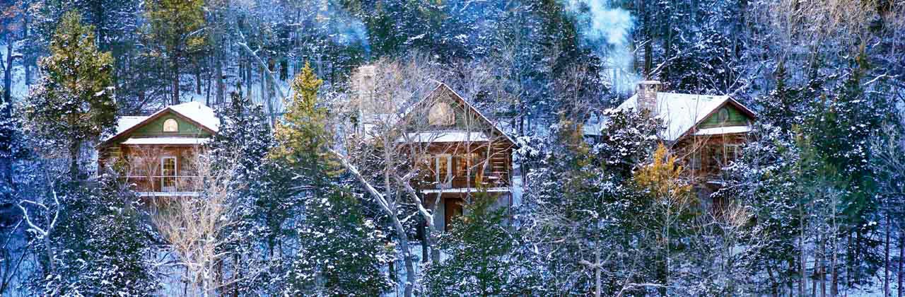 A trio of Big Cedar Lodge cabins peeking out from behind snowy trees