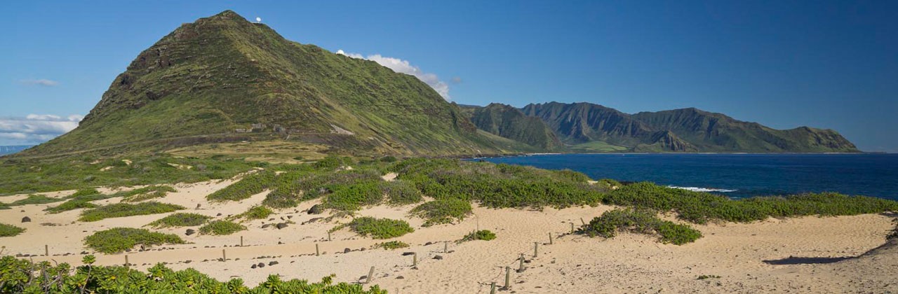 The expanse side to side of the Ka'ena Point Natural Reserve Area, Oahu, Hawaiilooking to the right and Oahuʻs west side.