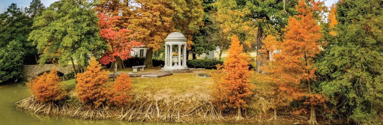 A stone bridge leads to Johnson Island at Oak Hill Cemetery, where Edward Mead Johnson, a cofounder of Johnson and Johnson, is buried. | Photo by Liz Ertle