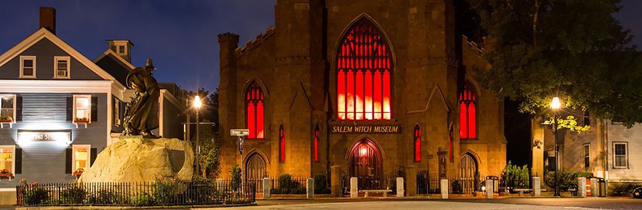 Night exterior of Salem Witch Museum in Salem, Massachusetts.