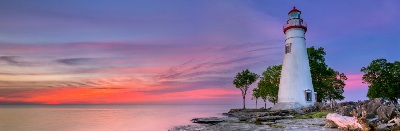 The Marblehead Lighthouse on the edge of Lake Erie in Ohio, USA. Photographed at sunrise.