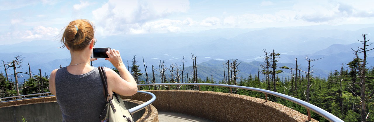 Clingmans Dome, the concrete observation tower at 6,643 feet, the highest point in Great Smoky Mountains National Park, offers great views and photo opportunities. 