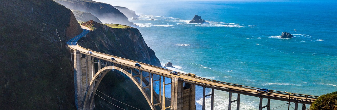 An aerial view of Bixby Canyon Bridge in Big Sur, California