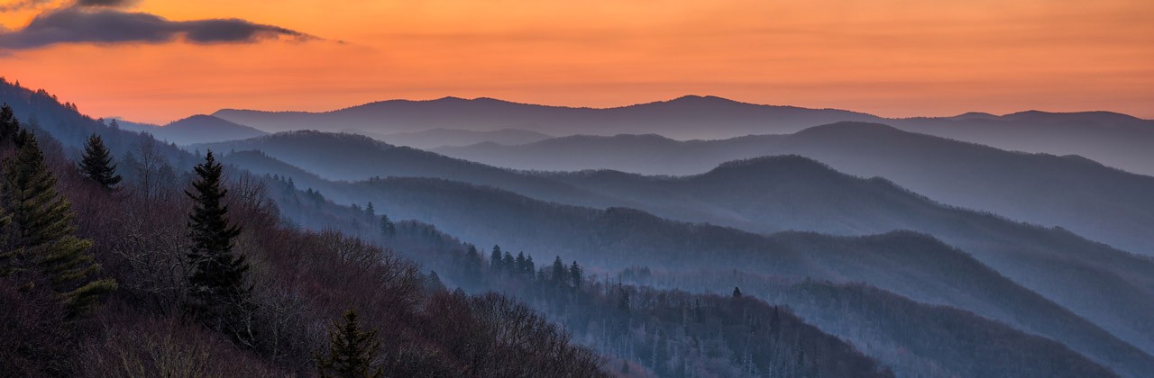 A glowing vista view of Great Smoky Mountains National Park