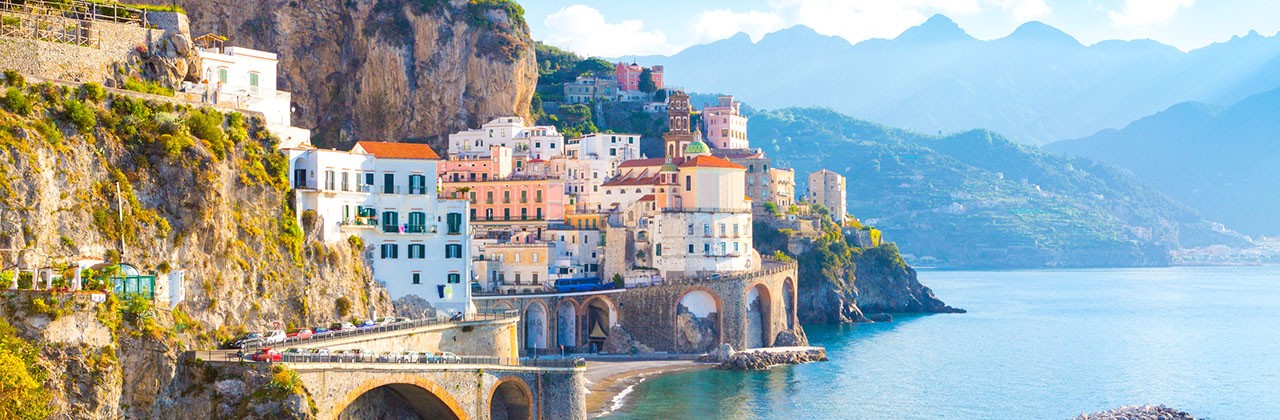 Buildings line the coast in the Italian town of Amalfi