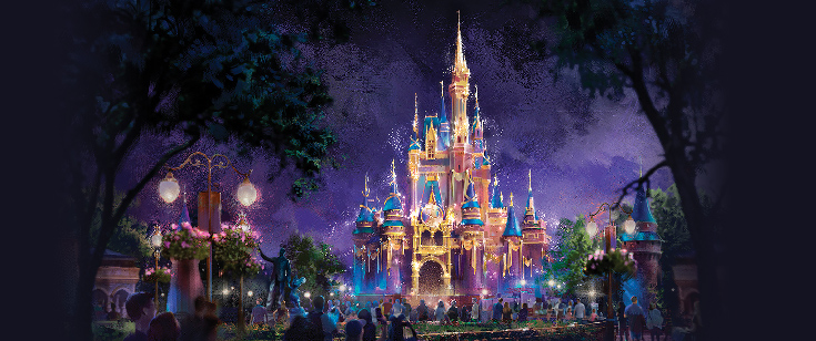 Cinderella Castle Beacon of Magic In this artist rendering, Cinderella Castle becomes a Beacon of Magic in Magic Kingdom Park at Walt Disney World Resort in Lake Buena Vista, Fla. As part of “The World’s Most Magical Celebration” honoring Walt Disney World Resort’s 50th anniversary beginning Oct. 1, 2021, the castle and other icons at each Walt Disney World theme park will come to life at night with their own EARidescent glow. (Disney)