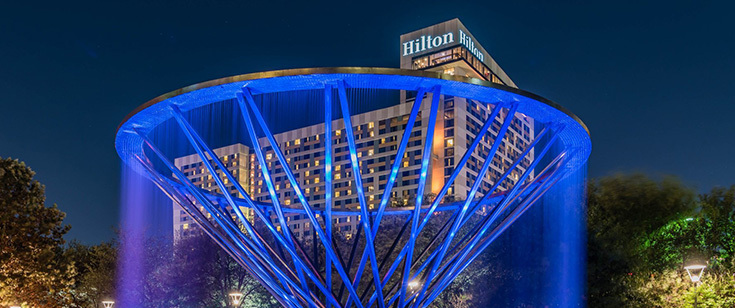 Fountain in front of Hilton hotel