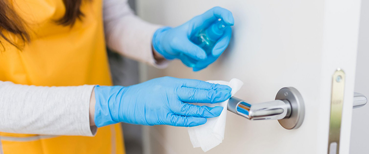 Woman cleaning door handle Woman cleaning door handle