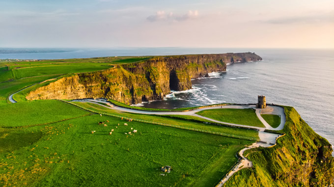 An aerial view of the Cliffs of Moher in Ireland