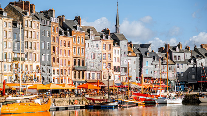 Row houses on the Seine waterfront in Honfleur, France