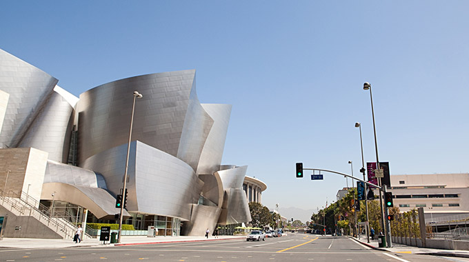 The exterior of Walt Disney Concert Hall, as seen facing north.