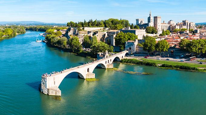 An aerial view of the Pont Saint-Bénézet on the Rhone in Avignon
