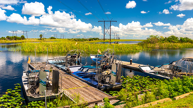 Airboats at a dock in the Florida Everglades