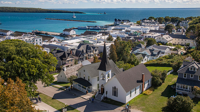 An aerial view of Mackinac Island in Michigan