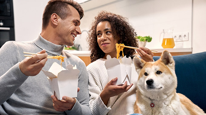 A man and a woman eat takeout on the couch next to their dog