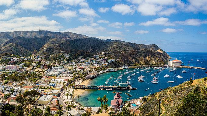 An aerial view of the town of Avalon on Santa Catalina Island