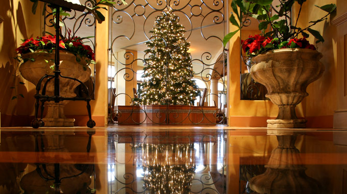 A hotel lobby decorated for Christmas