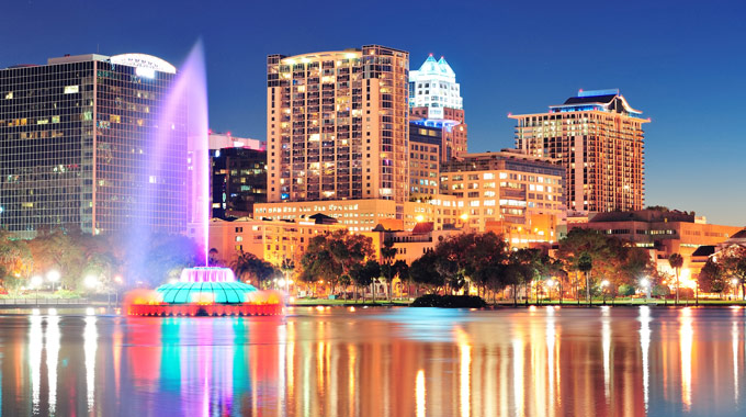 Colorful lights illuminating Orlando, Florida at night