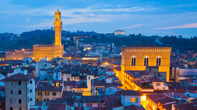 An evening view of rooftops in Florence