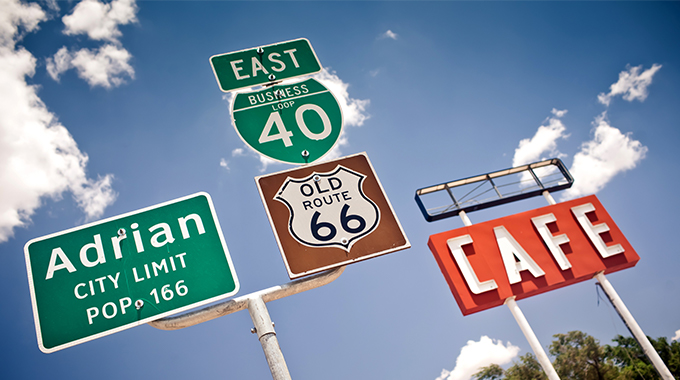 Highway signs in Adrian, Texas.