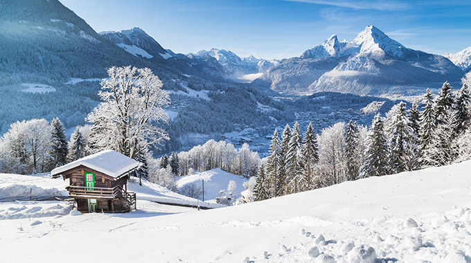 A chalet on a ski slope in the Alps