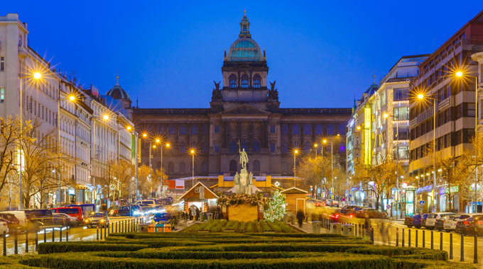 A nighttime view of Wenceslas Square 