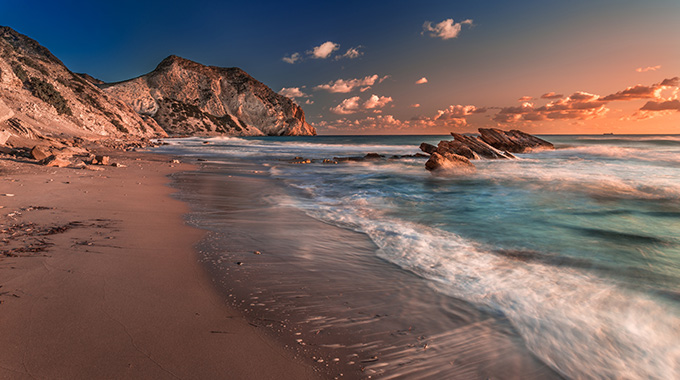 Cavo Paradiso beach on the island of Kos at sunset