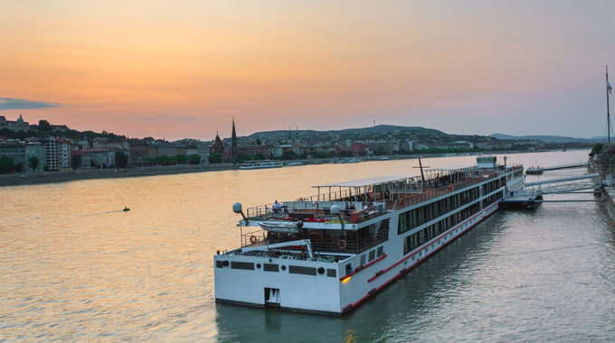 A river cruise boat docked along the Danube in Budapest