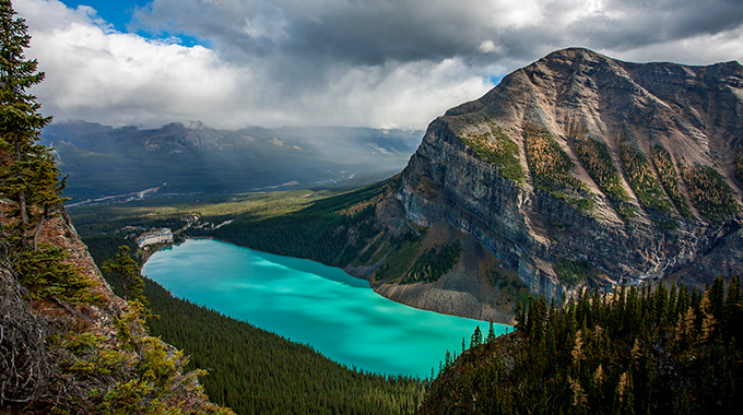 An aerial view of Lake Louise and the Fairmont Chateau Lake Louise