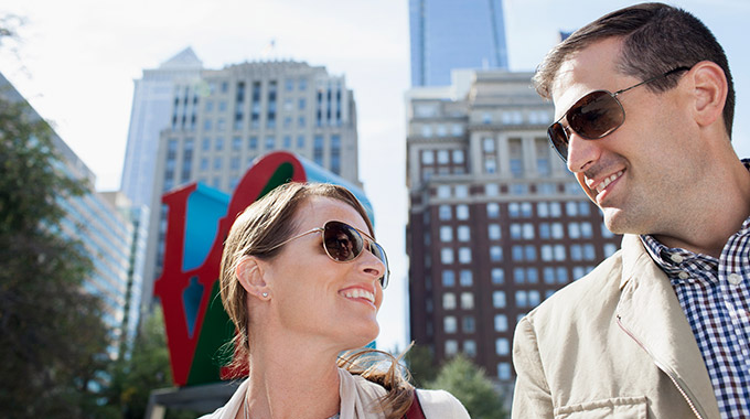 A couple walks together in Philadelphia